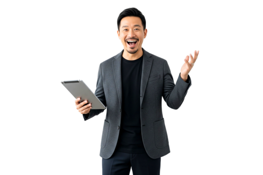 Asian businessman with tablet isolated on white