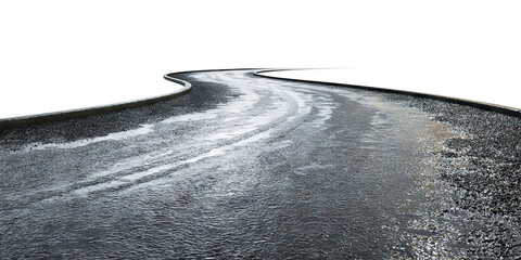 Curving wet asphalt road, isolated on transparent cutout background
