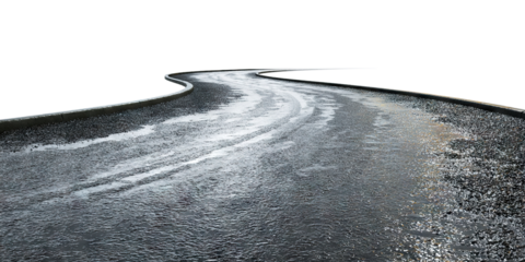 Curving wet asphalt road, isolated on transparent cutout background