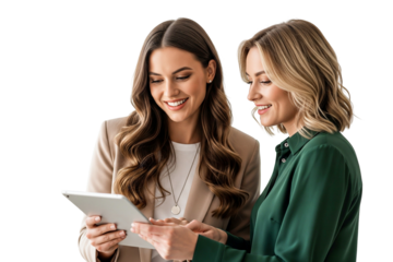 two businesswomen with tablet computer and talking isolated on white