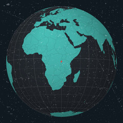 Republic of Burundi on Globe. Vintage look with grunge scratched texture. Country view on world map in Dark Charcoal Turquoise color palette. Burundi shape on map. Globe with meridians and parallels.