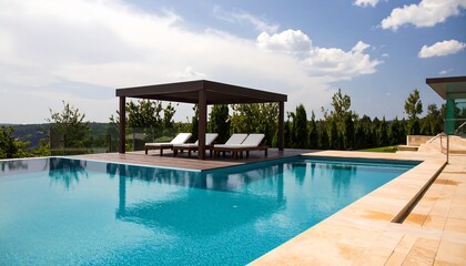 Luxurious outdoor pool area with gazebo and sun loungers