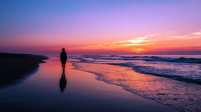 Person with anxiety walking by the ocean at sunset, slow pace, soothing atmosphere, finding balance through nature.