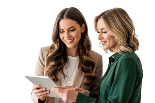 two businesswomen with tablet computer and talking isolated on white