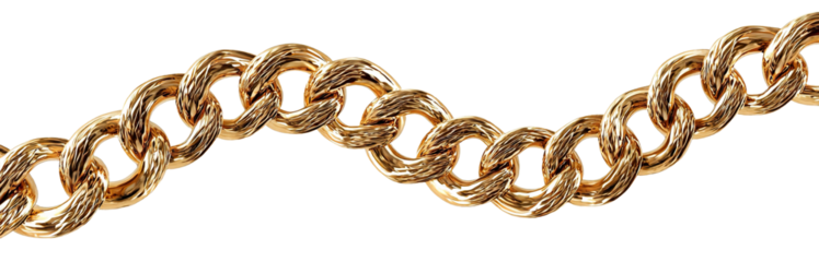 Textured gold chain with interlocking links, isolated on transparent cutout background