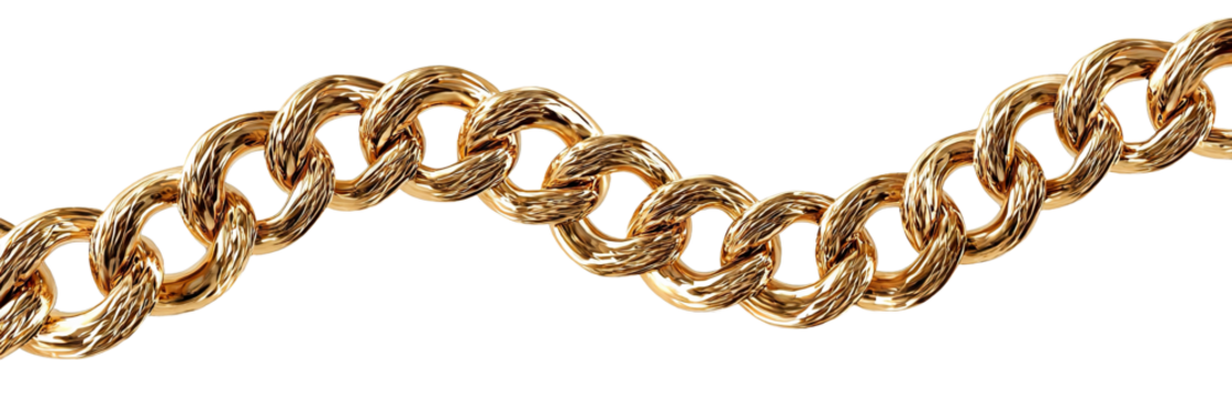 Textured gold chain with interlocking links, isolated on transparent cutout background