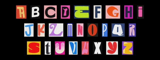 Cut-out colorful alphabet letters collage on black background, ransom style