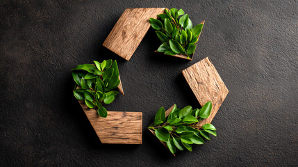 Wooden Recycle Symbol with Green Leaves on Dark Background