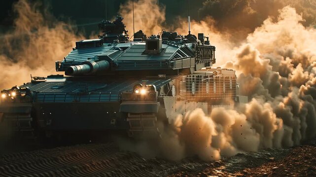 Military Tank Moving Through Dusty Battlefield Video