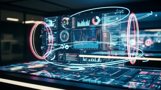 Futuristic control room interface with holographic displays and data visualizations