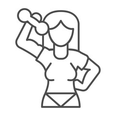 Athlete woman lifting small dumbbell thin line icon, body building concept. Vector graphics. Girl with arm muscles, training sign on white background, outline style icon for mobile or web design.
