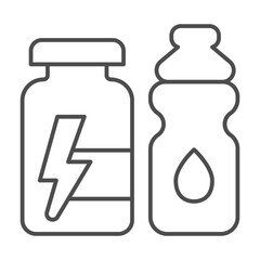 Water bottle and energy drink thin line icon, athlete diet food concept. Vector graphics. Protein drink jar for muscles mass sign on white background, outline style icon for mobile or web design.