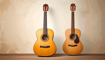 Fototapeta premium Two acoustic guitars against a textured wall