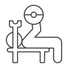 Man on barbell bench thin line icon, body building concept. Vector graphics. Athlete man at barbell exercise, sport training sign on white background, outline style icon for mobile or web design.