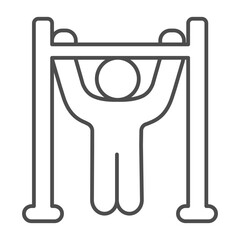 Man at horizontal bar thin line icon, body building concept. Vector graphics. Athlete man pull up exercise for arms, training sign on white background, outline style icon of mobile or web design.