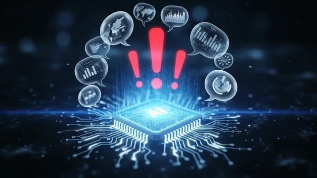 Artificial Intelligence warning concept with exclamation marks and data visualizations