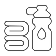 Water bottle and clean towel thin line icon, athlete diet food concept. Vector graphics. Bottle and fresh towels pair sign on white background, outline style icon for mobile or web design.