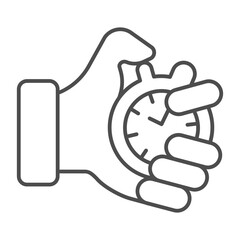 Stopwatch timer in coach hand thin line icon, sport training concept. Vector graphics. Hand with trainer stopwatch sign on white background, outline style icon for mobile or web design.