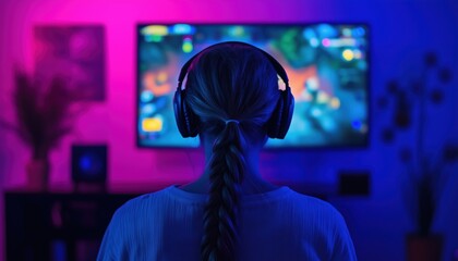 Teenagers Playing Adventure Games Together On A Big Tv Screen With Neon Lighting And Joysticks For A Fun Gaming Experience.