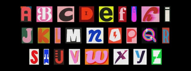 Grunge ransom note style alphabet collage, cut-out letters on black
