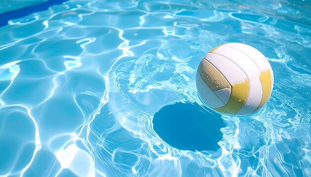 A close-up shows a volleyball floating in a swimming pool. The water shimmers in turquoise and azure hues under sunlight. The ball is a mix of white, yellow, and darker yellow colors