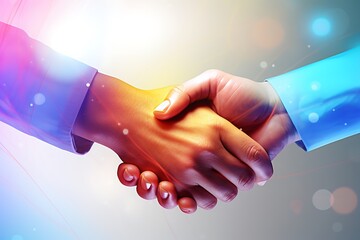 Two diverse hands engaging in a firm handshake, symbolizing partnership and agreement, with a colorful abstract background