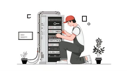 Technician Maintaining Server Rack in Data Center - Powered by Adobe