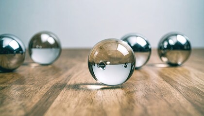 Mirrored Chrome and Glass Spheres on Wood Surface