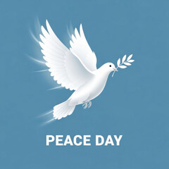 Fototapeta premium A white dove with an olive branch in its beak, symbolizing peace, flying against a serene blue background with the text 'PEACE DAY'.
