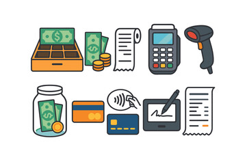 Finance and commerce icon set. retail and money management icons in flat style