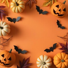 Halloween themed pumpkins, bats and leaves arranged on an orange background