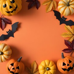 Halloween themed pumpkins, bats and leaves arranged on an orange background