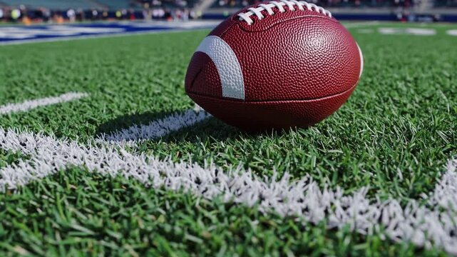 Exciting football action at the stadium with a close-up of the ball on the field turf during an important game