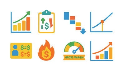 Naklejka premium Business and finance flat icon set. growth, economy, profit trends flat icons collection