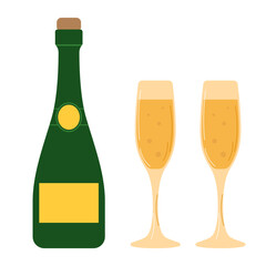 Champagne Bottle with Two Glasses of Sparkling Wine. Vector illustration of a green champagne bottle with a cork and two tall glasses filled with golden sparkling wine.