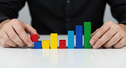 Colorful Blocks Forming Bar Chart with Person Assembling on White Desk