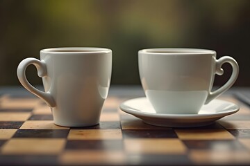 Obraz premium Two coffee cups placed on opposite ends of a chessboard. 