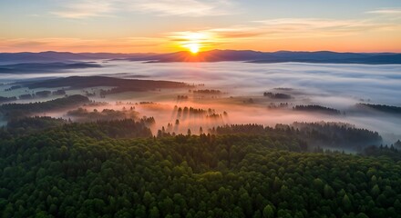 Sunrise Over Foggy Forest Landscape in the Mountains.