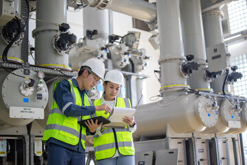 Two engineers in safety gear collaborate in industrial setting, reviewing documents amidst large machinery. Their teamwork highlights importance of precision and safety in engineering projects