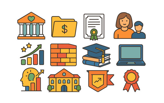 Education and finance flat icon set. school, banking, learning icons flat collection