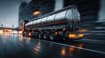 Medium shot of a large fuel tanker truck with reflective safety markings blurred background emphasizing secure fuel transport on highways.