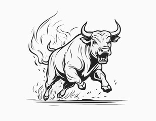 Angry bull running in fire hand drawn sketch Vector illustration.