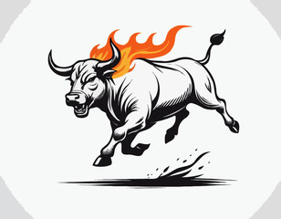 Angry bull running in fire hand drawn sketch Vector illustration.