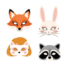 Obraz premium Collection of adorable animal face masks for children's parties or dress up fun featuring a fox bunny cat and raccoon