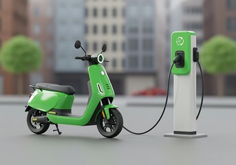 Electric scooter charging at public station in urban environment promoting eco friendly transport options and sustainable city mobility for a greener future
