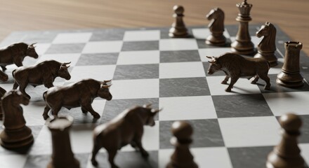 Dark Metal Bulls and Chess Pieces on Gray Checkered Board