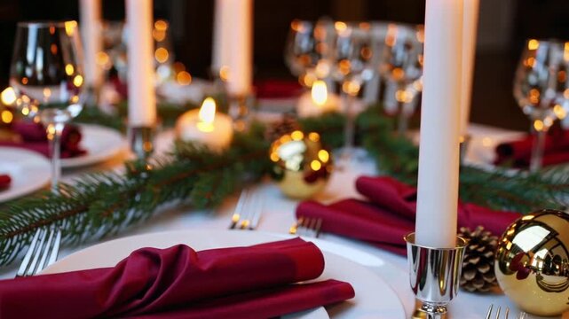 Elegant holiday dinner table setting with candles and decorations ready for festive gathering