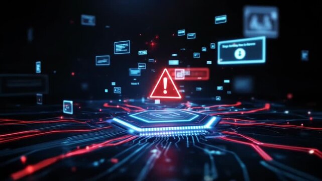 Cybersecurity Breach Alert: Digital Network Under Attack with Exclamation Mark