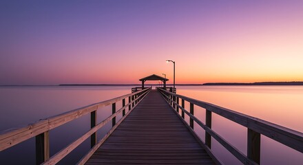 Fototapeta premium Wooden Pier at Sunset Over Calm Water.
