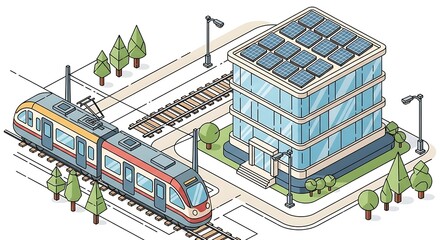 Sustainable Cityscape with Solar Building and Train.